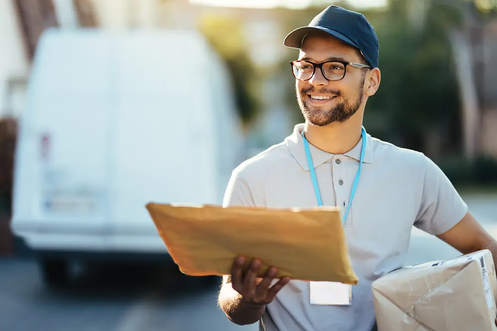 Facteur tenant une enveloppe dans une main, dans l'autre un petit paquet. En arrière-plan, un pick-up blanc.